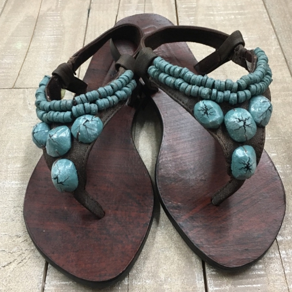 Mystique Boutique Brown Sandals with Turquoise Accents